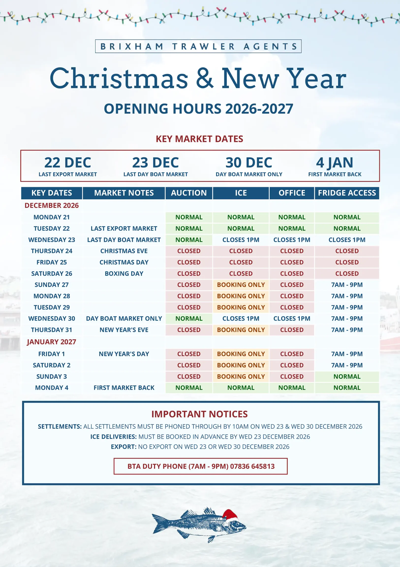 Christmas & New Year Opening Hours 2026 2027 Brixham Fish Market